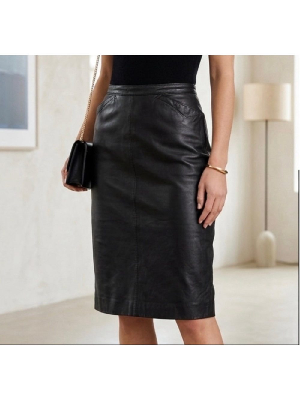 VINTAGE agnès b. PARIS Black Leather Pencil Skirt Made in France High Waist 42